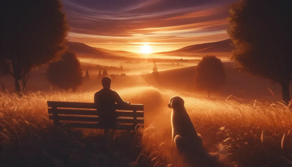 A Dogs Prayer - A tranquil landscape featuring a peaceful countryside with a golden sunset. In the foreground, a dog sits loyally next to its owner, who is sitting on