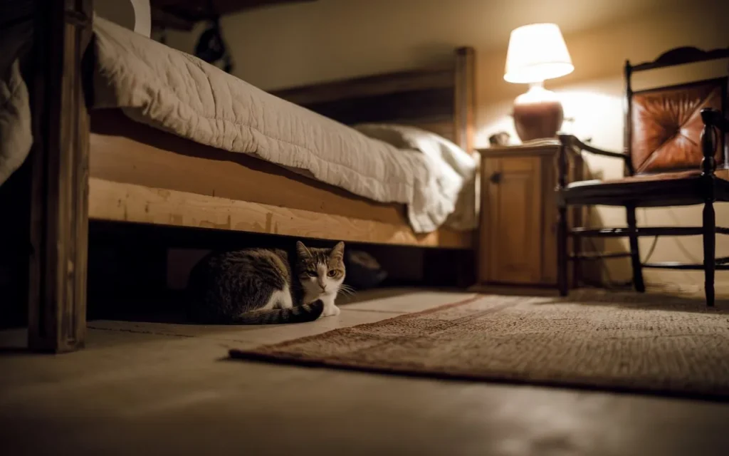 why do cats hide under the bed a-photo-of-a-cat-curled-up-underneath-a-bed