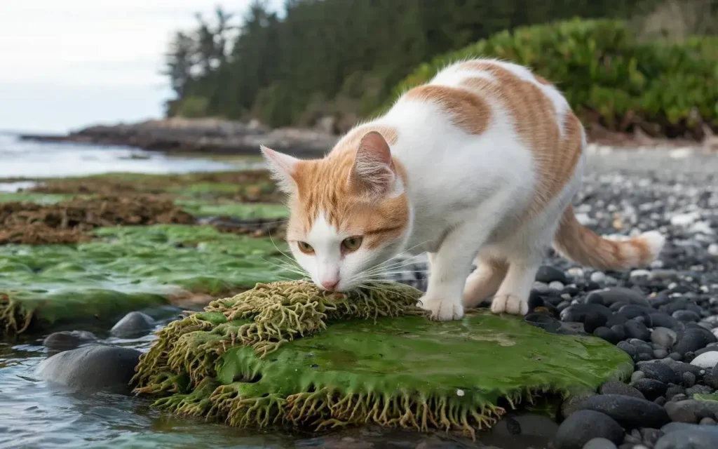 a-photo-of-a-curious-cat-sniffing-sea-moss