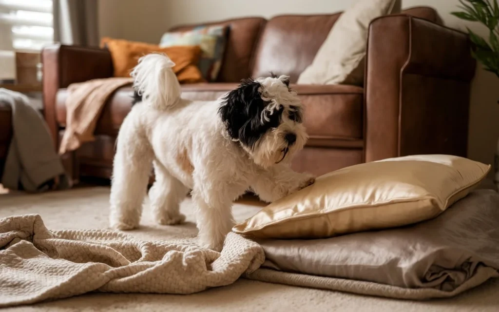 a-photo-of-a-dog-with-a-fluffy-white-coat-and-black why do dogs dig on beds and couches