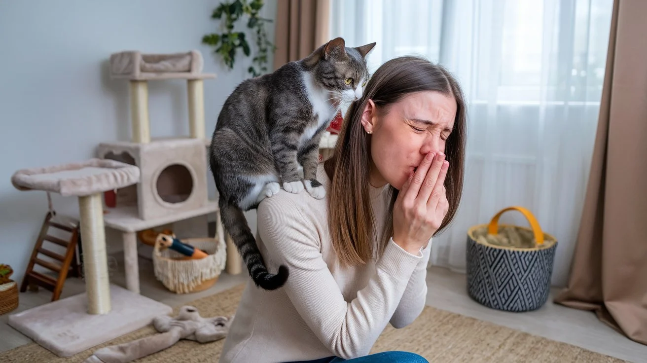 am i allergic to cats quiz a-photo-of-a-woman-with-a-cat-on-her-shoulder