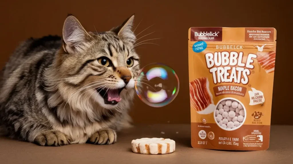 are bacon flavored bubble treats safe for cats a-photo-of-a-cat-with-a-bubble-out-of-its-mouth