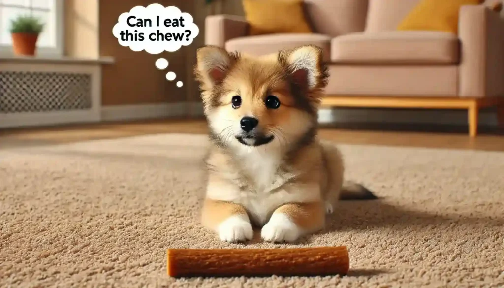 are collagen chews safe for dogs - A cute dog sitting next to a chew toy with a curious expression, thinking about whether it can eat the chew. The caption reads 'Can I eat this chew'