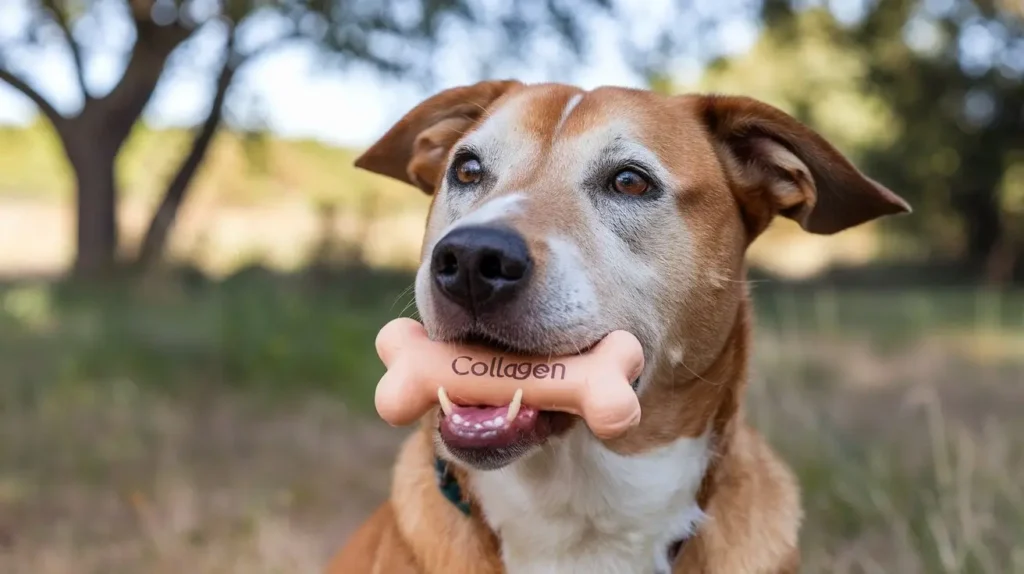 are collagen chews safe for dogs a-photo-of-a-happy-dog-chewing-a-collagen-treat