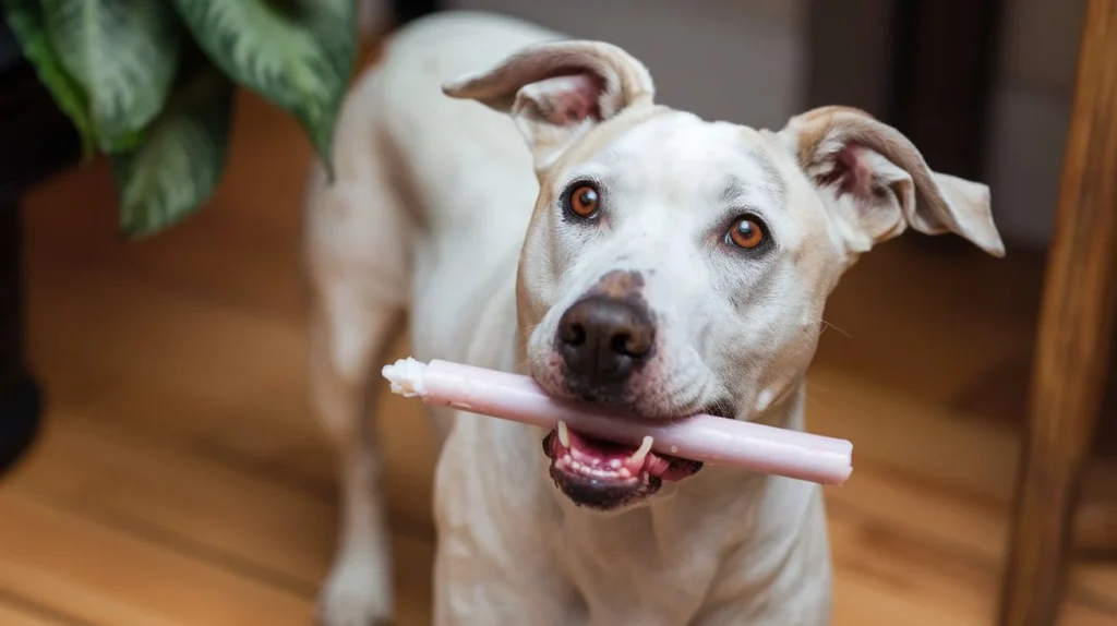 are collagen sticks safe for dogs a-photo-of-a-healthy-and-happy-dog-chewing-on