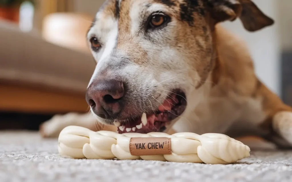 are yak chews safe for dogs a-photo-of-a-dog-happily-chewing-on-a-yak-chew