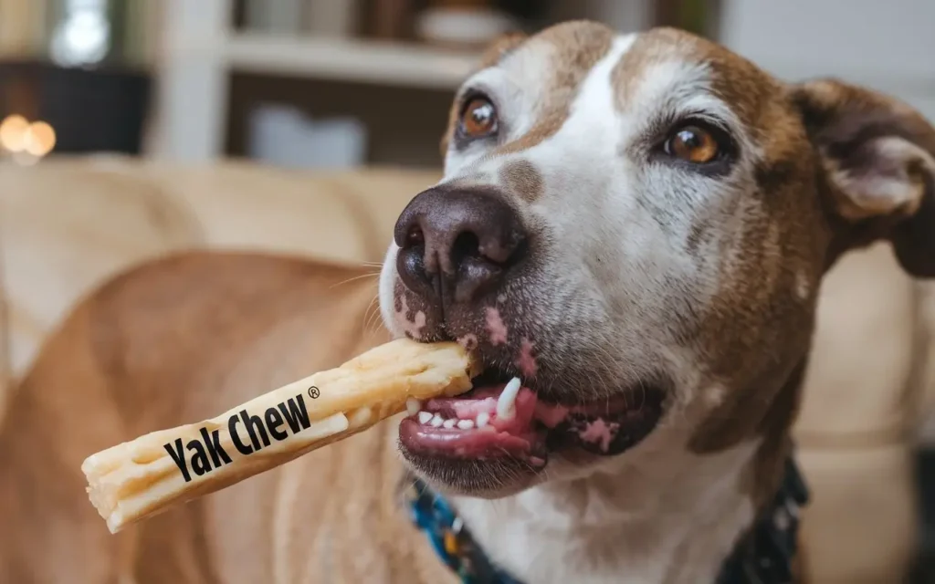 are yak chews safe for dogs a-photo-of-a-dog-happily-chewing-on-a-yak-chew-the