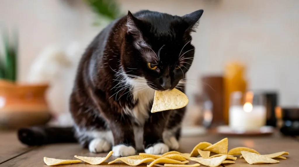 can cats eat tortilla chips a-medium-shot-of-a-black-cat-with-a-white-belly