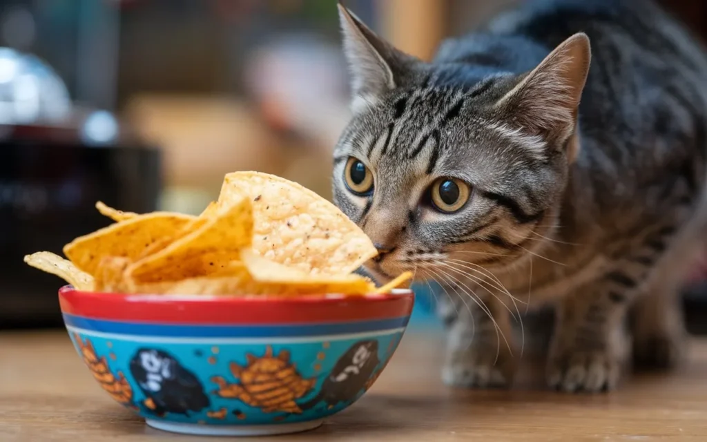 can cats eat tortilla chips a-photo-of-a-cat-curiously-sniffing-a-bowl-of-tort