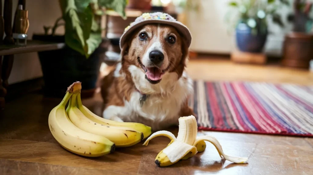 can dogs eat bananas a-photo-of-a-happy-dog-sitting-next-to-a-bunch-of