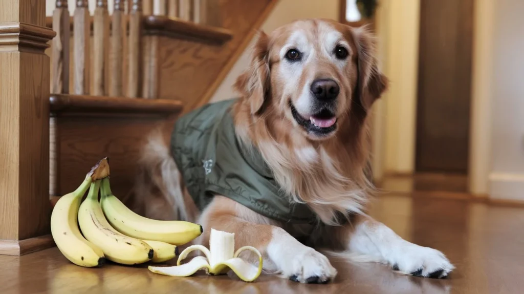 can dogs eat bananas a-photo-of-a-happy-dog-sitting-next-to-a-bunch-of--eb