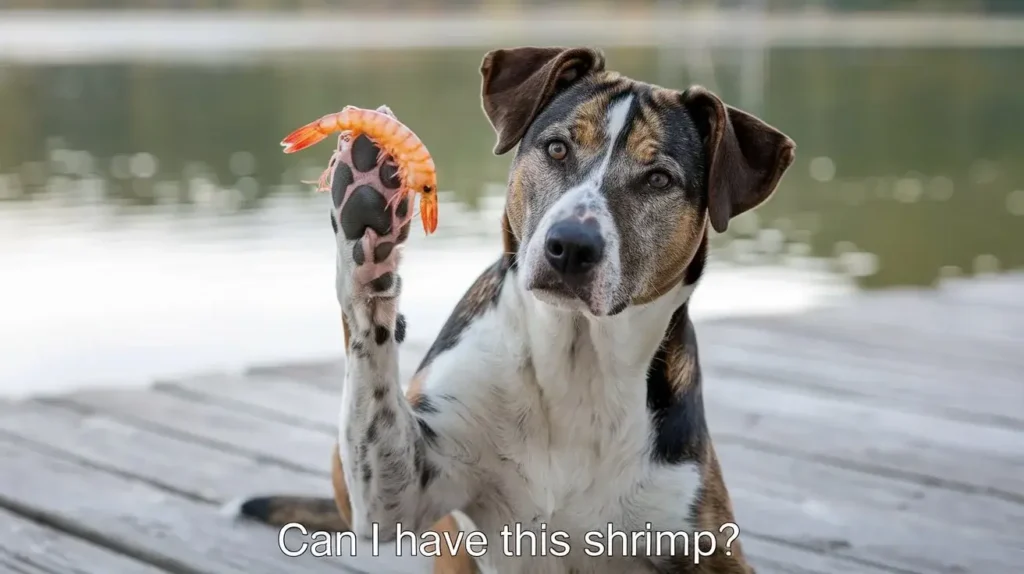 can dogs eat cooked shrimp a-photo-of-a-dog-with-a-paw-raised-holding-a-shrim