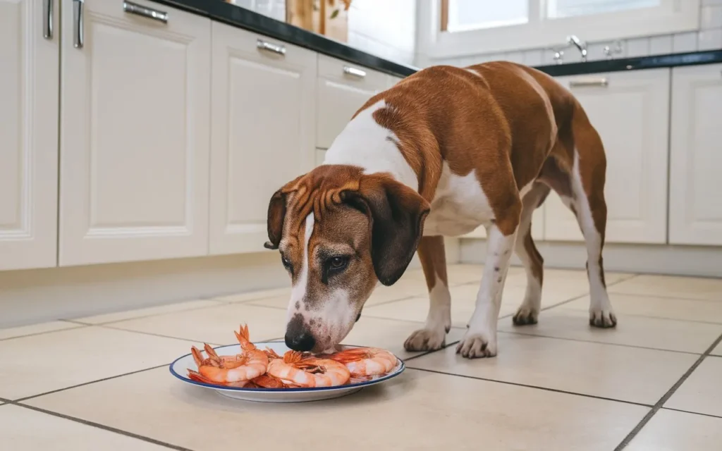 can dogs eat shrimp a-photo-of-a-curious-dog-sniffing-a-plate-of-shrim-ol