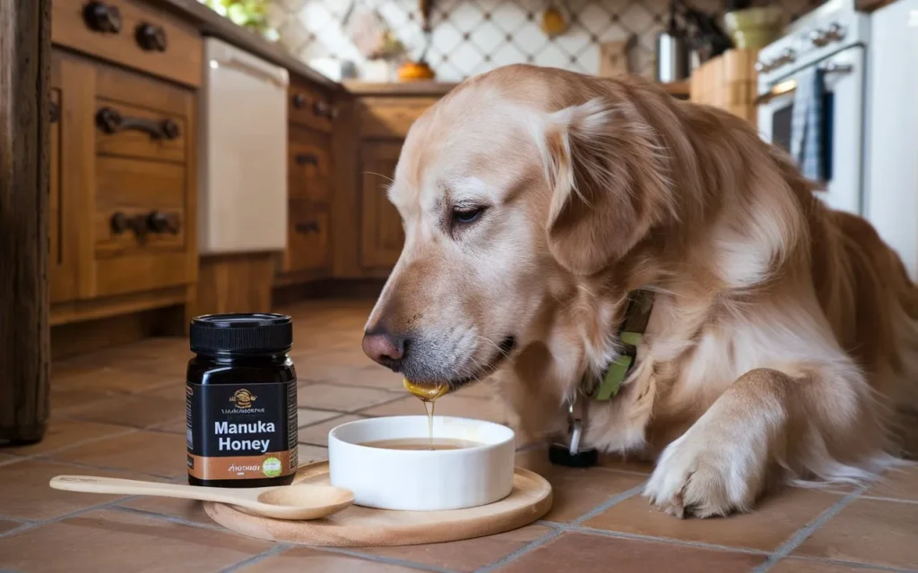 can dogs have manuka honey a-photo-of-a-dog-licking-a-spoon-of-golden-manuka