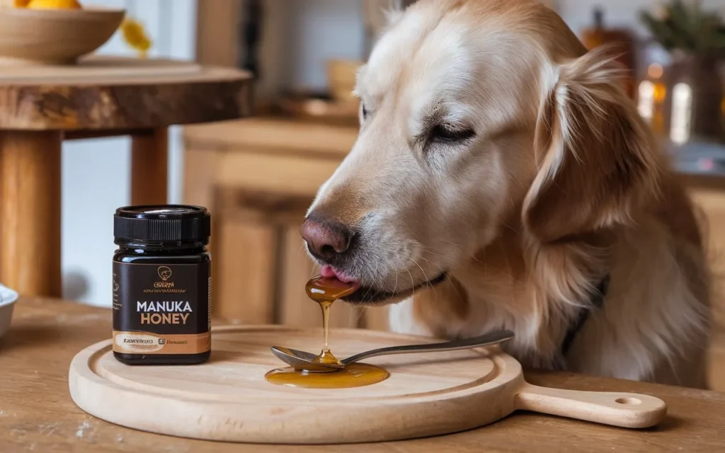 can dogs have manuka honey a-photo-of-a-golden-retriever-dog-licking-a-spoon