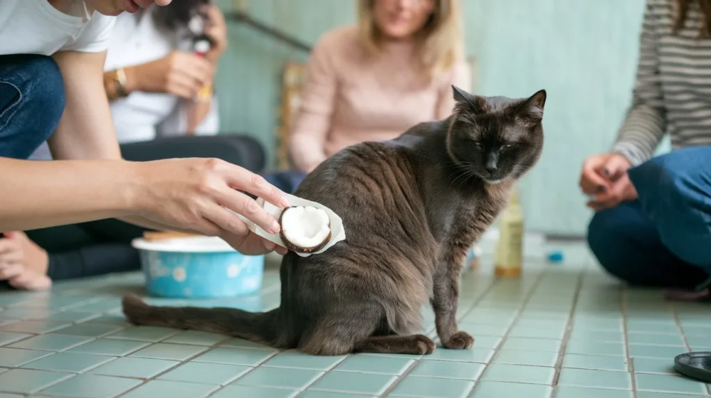 can i put coconut oil on my cats bum a-photo-of-a-woman-applying-coconut-oil-to-a-cat-s