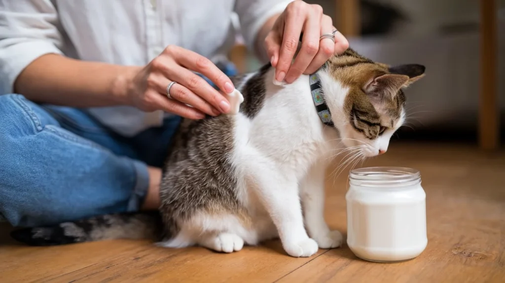 can i put coconut oil on my cats bum a-photo-of-a-woman-putting-coconut-oil-on-a-cat-s