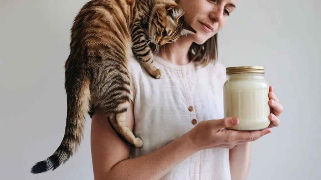 can i put coconut oil on my cats bum a-photo-of-a-woman-with-a-cat-on-her-shoulder