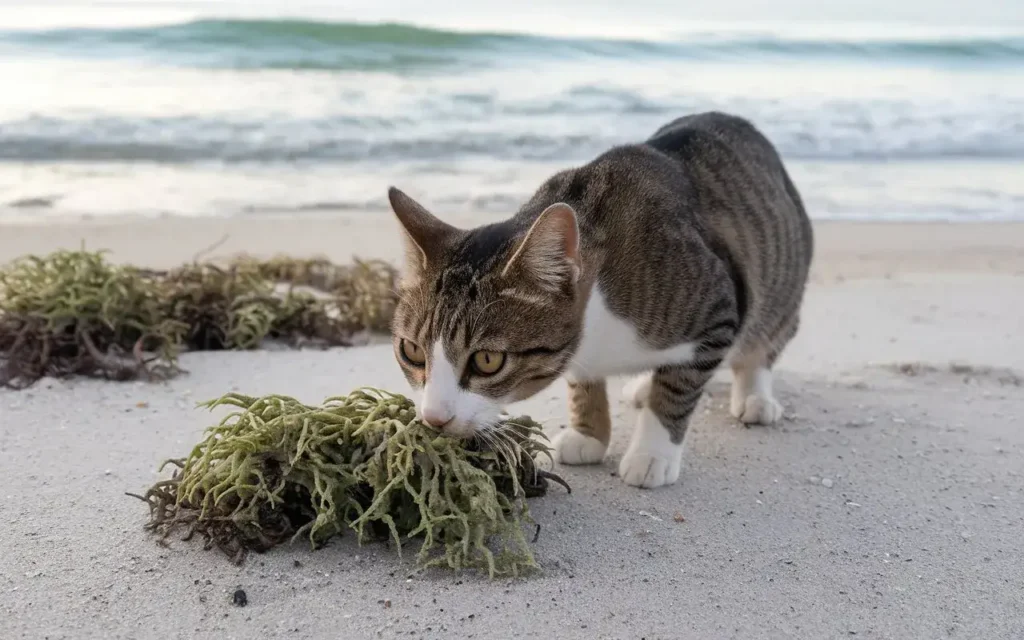 curious-cat-on-a-beach-sniffing-at sea moss