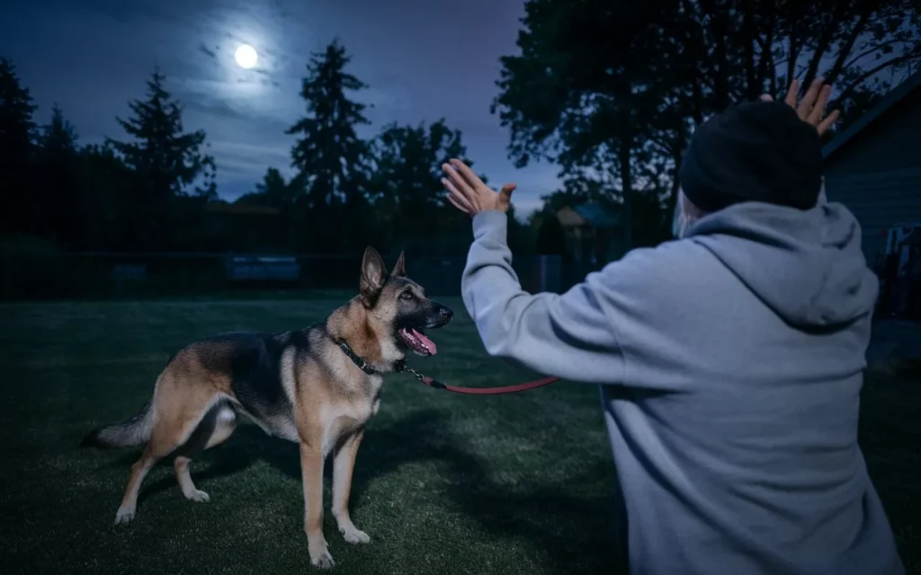 how do you stop dogs from barking at night a-photo-of-a-dark-yard-at-night-with-a-dog-barking