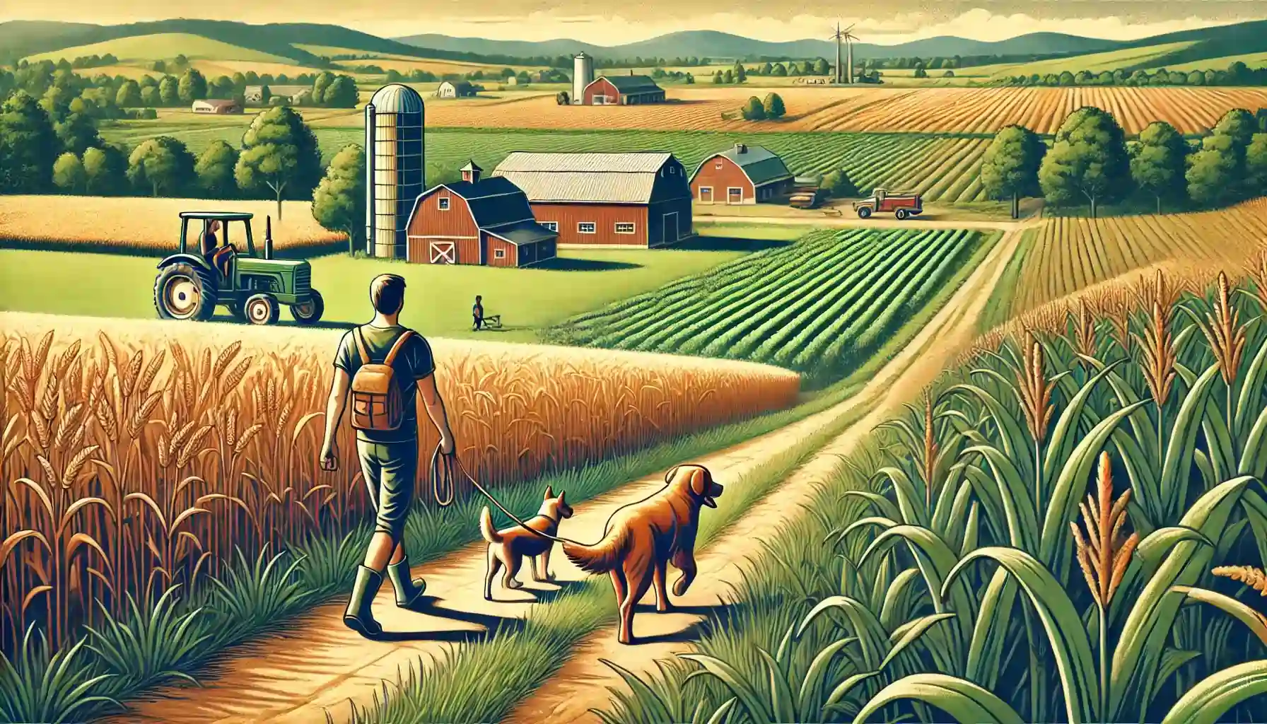 how does walking peoples dogs relate to agriculture - A landscape image showing a person walking dogs through a rural agricultural setting. The person walks along a dirt path surrounded by green fields