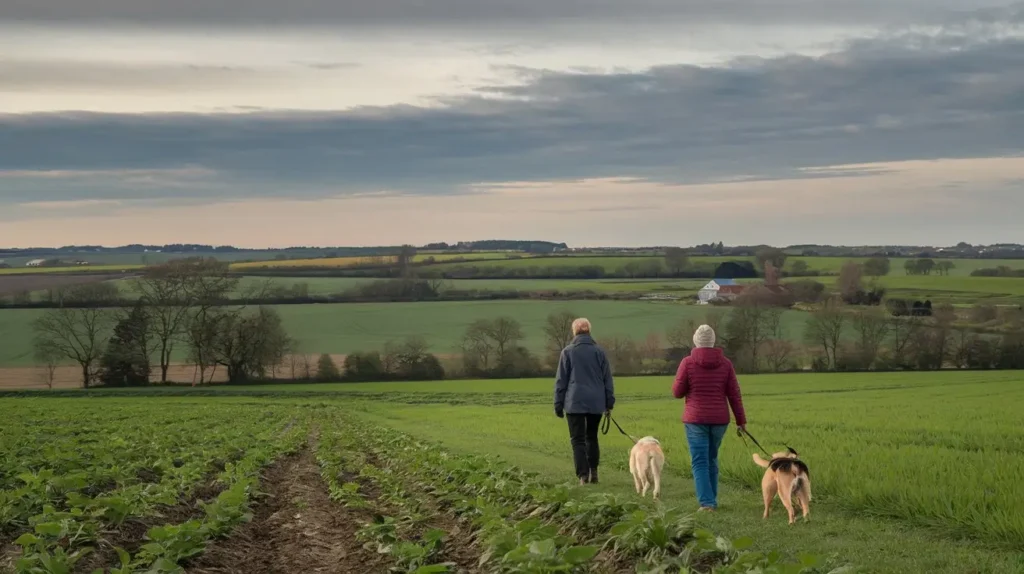 how does walking peoples dogs relate to agriculture a-photo-of-two-people-walking-their-dogs-through