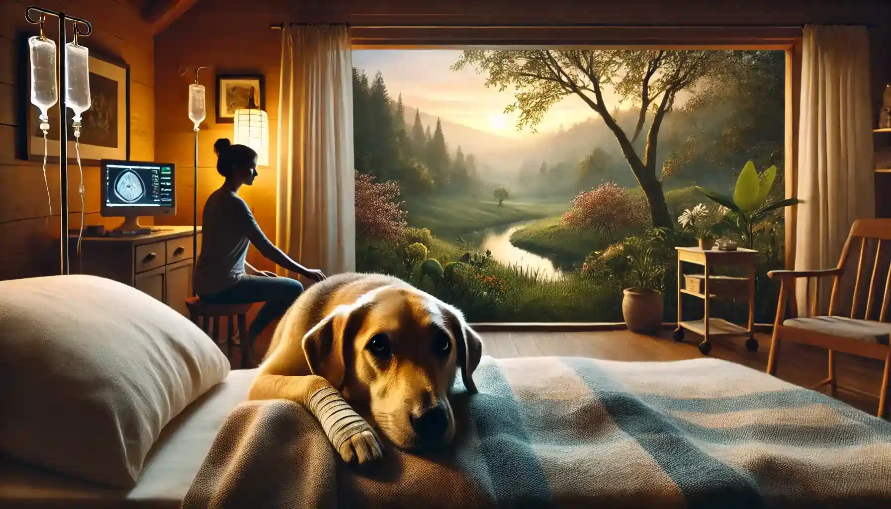 how long does dysphoria last in dogs after surgery - A peaceful landscape image showing a dog recovering after surgery. The dog is resting on a soft blanket, looking slightly disoriented