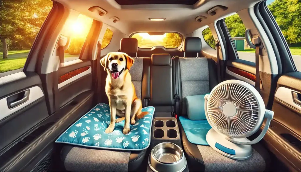 how to keep a car cool for dogs - A peaceful summer road trip scene inside a parked car with a happy dog sitting comfortably in the back seat. The car is equipped with sunshades