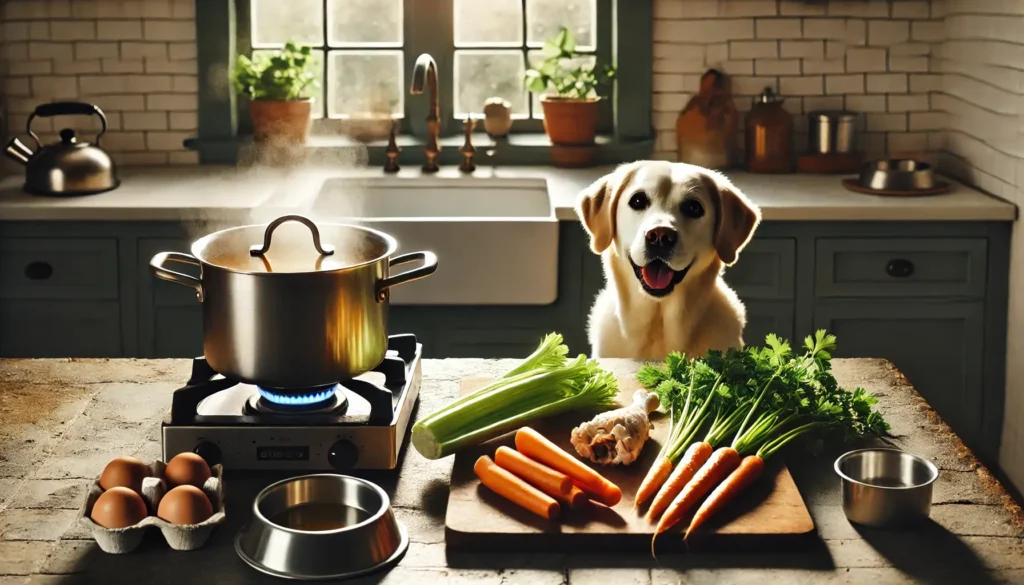 how to make chicken broth for dogs - A serene kitchen scene with a simmering pot of chicken broth on the stove, featuring simple, wholesome ingredients like carrots, celery, and chicken