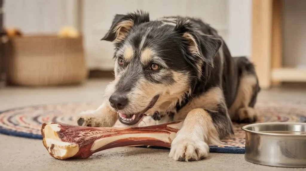 is bone marrow good for dogs a-realistic-photo-of-a-happy-dog-chewing-on-a-bone in room