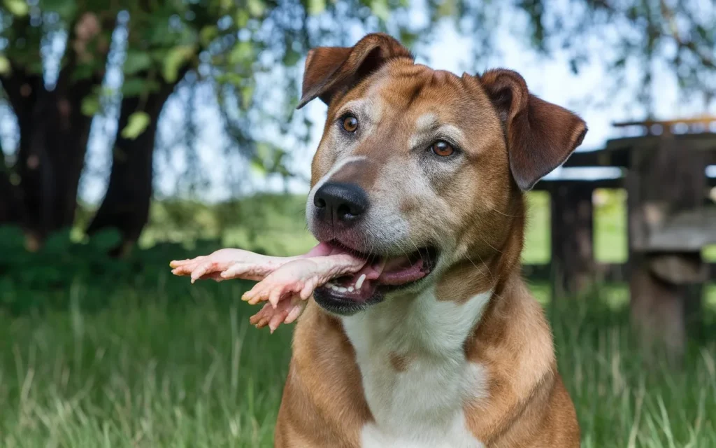 is chicken feet good for dogs a-photo-of-a-dog-chewing-on-raw-chicken-feet