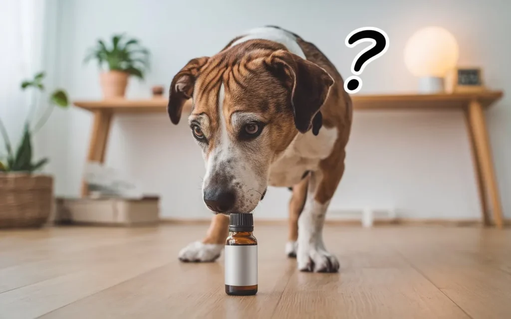 is diluted peppermint oil safe for dogs a-photo-of-a-concerned-dog-sniffing-a-bottle