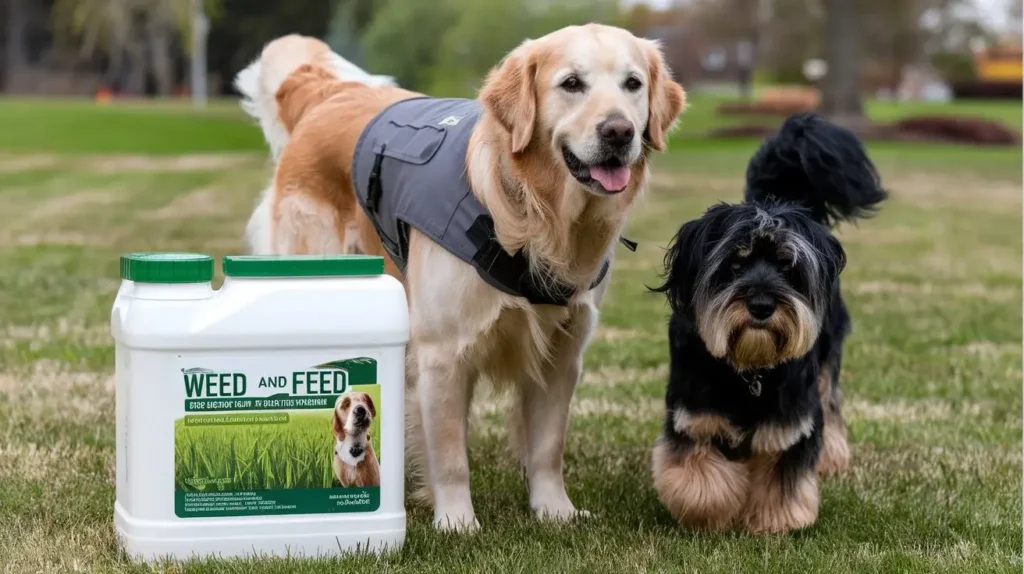 is weed and feed safe for dogs a-photo-of-two-dogs-standing-near-a-weed-and-feed