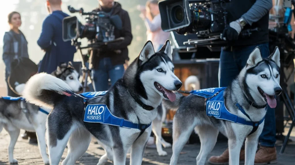 what dogs from halo huskies have been in movies a-cinematic-medium-shot-of-a-group-of-siberian-hus