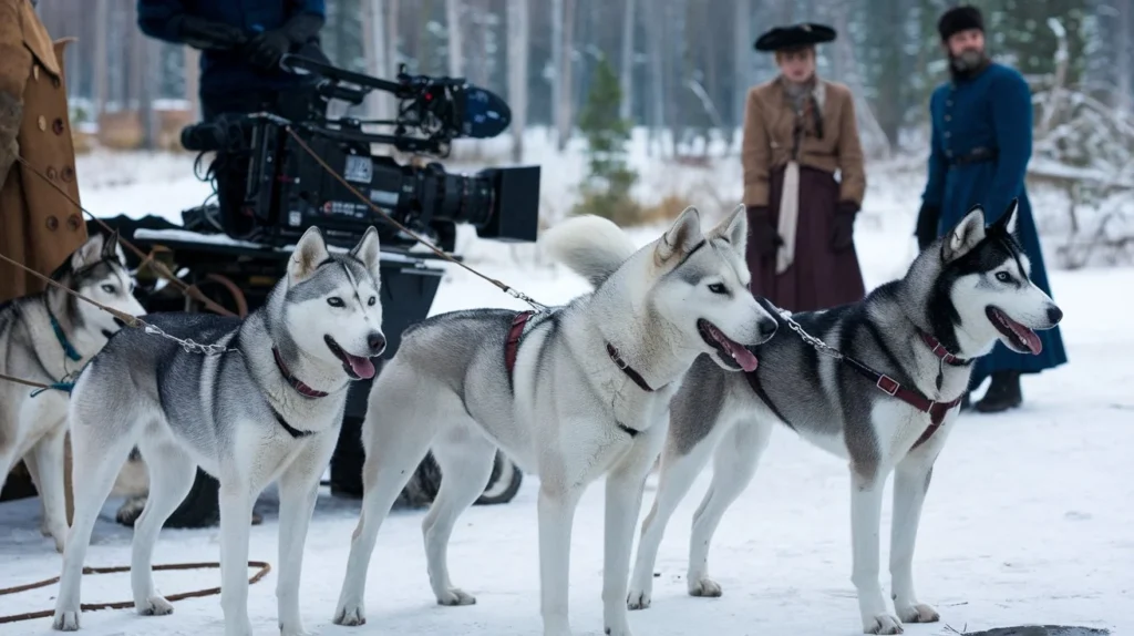 what dogs from halo huskies have been in movies a-photo-of-siberian-huskies-on-a-film-set-there