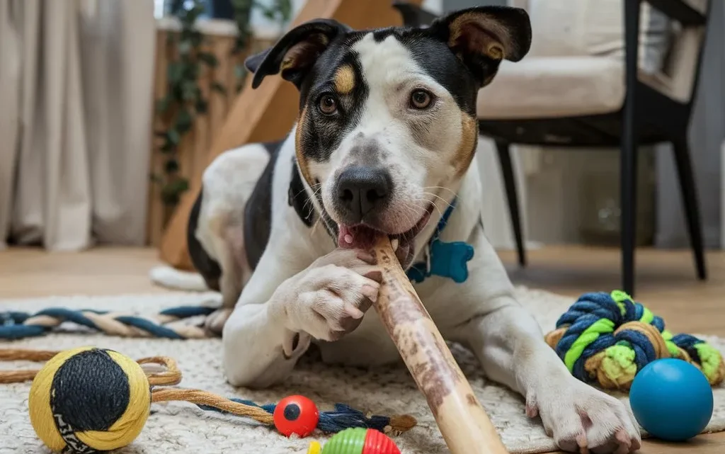 what is a bully stick for dogs a-cozy-home-setting-with-a-happy-dog-chewing