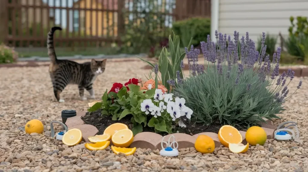 what keeps cats away from flower beds a-photo-of-a-flower-bed-with-a-cat-standing