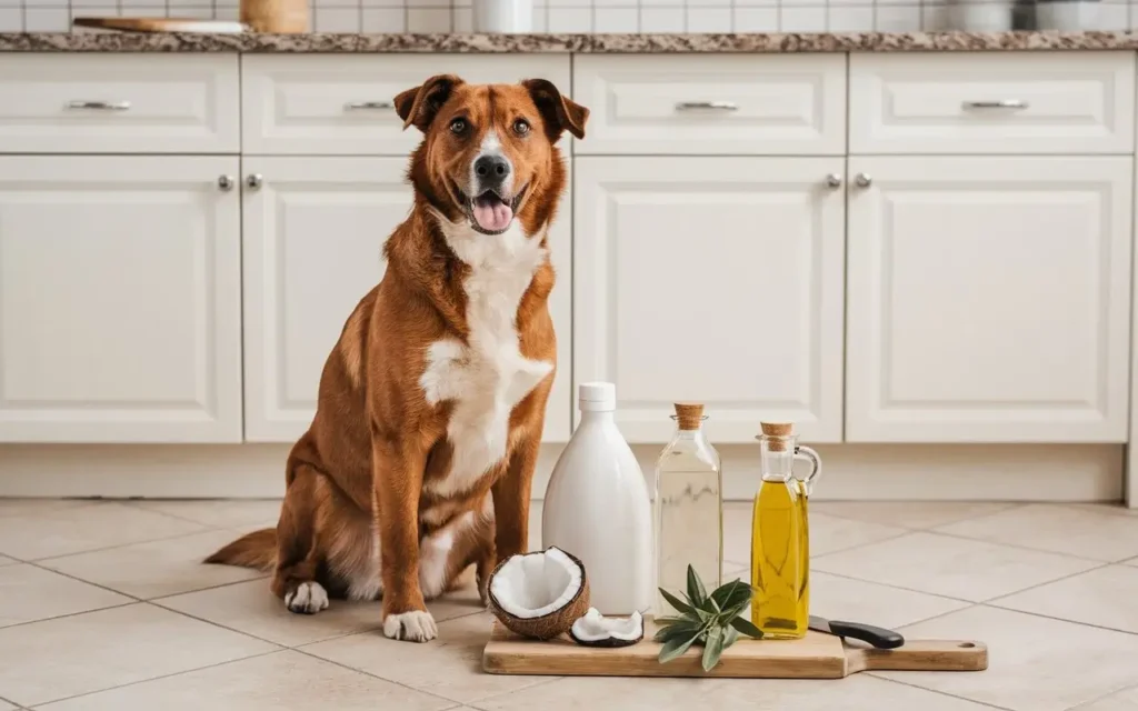 what oils are good for dogs a-photo-of-a-happy-dog-sitting-beside-bottles