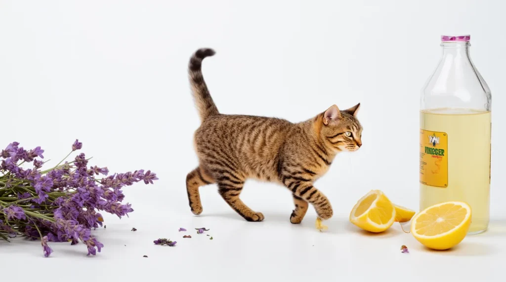 what smell keeps cats away cat_walking_away_from_a_lemon_slice_lavender_flowers_and_a_vinegar_bottle