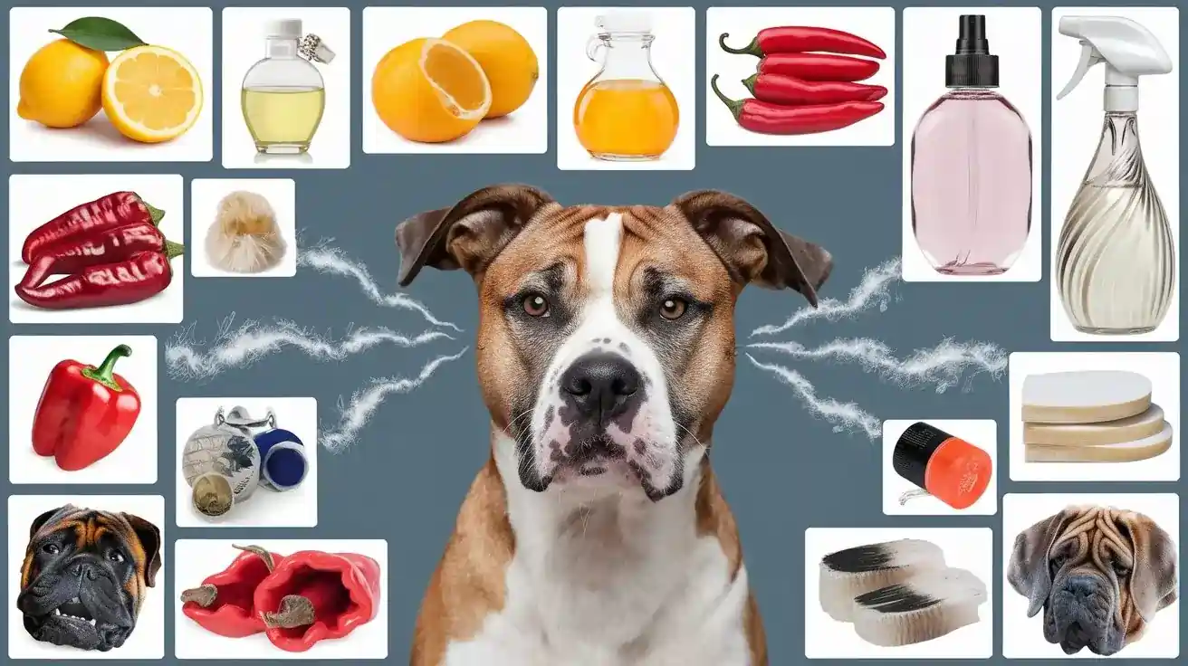 what smells do dogs not like A collage featuring various objects and scents that dogs typically dislike, such as citrus fruits (lemons and oranges), vinegar, chili peppers, strong perfumes, and cleaning products. A dog's face is in the center