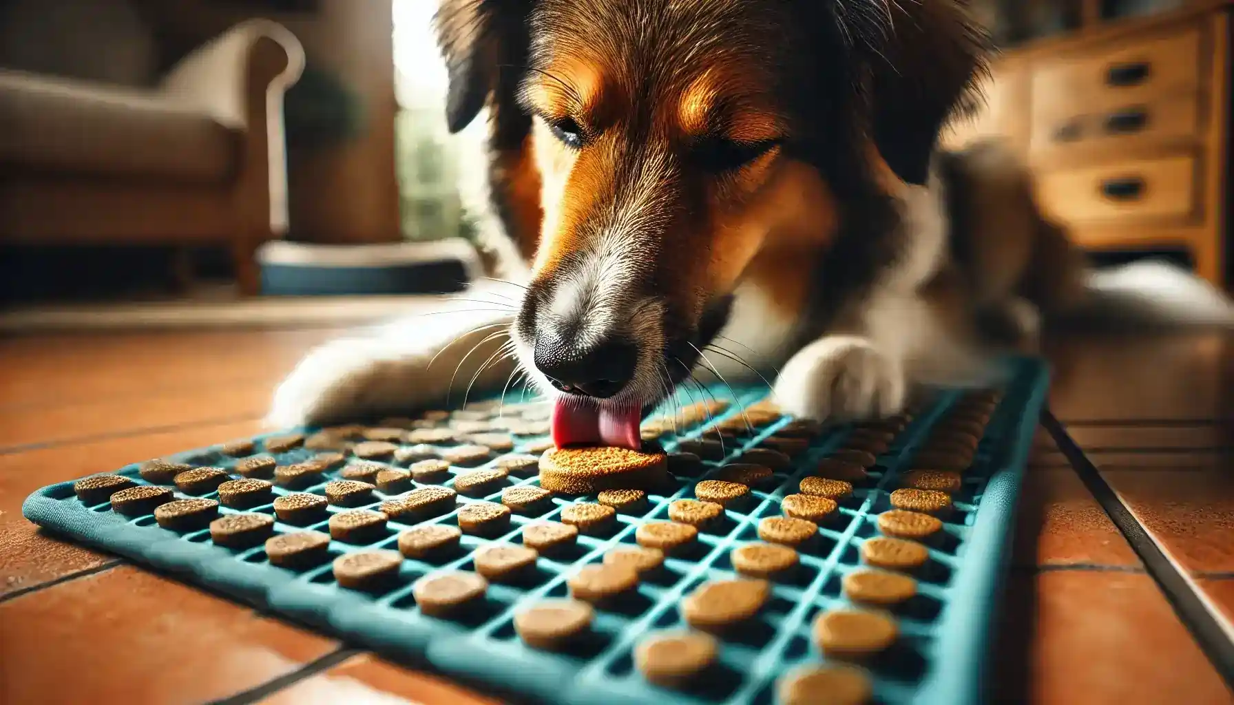 what to put on lick mat for dogs - A close-up image of a dog enjoying treats on a lick mat. The dog is focused on licking the spread on the textured surface of the mat.