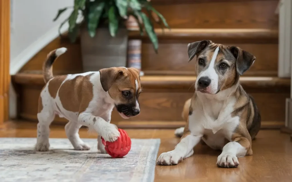 when do dogs calm down a-photo-of-a-young-dog-playing-with-a-toy