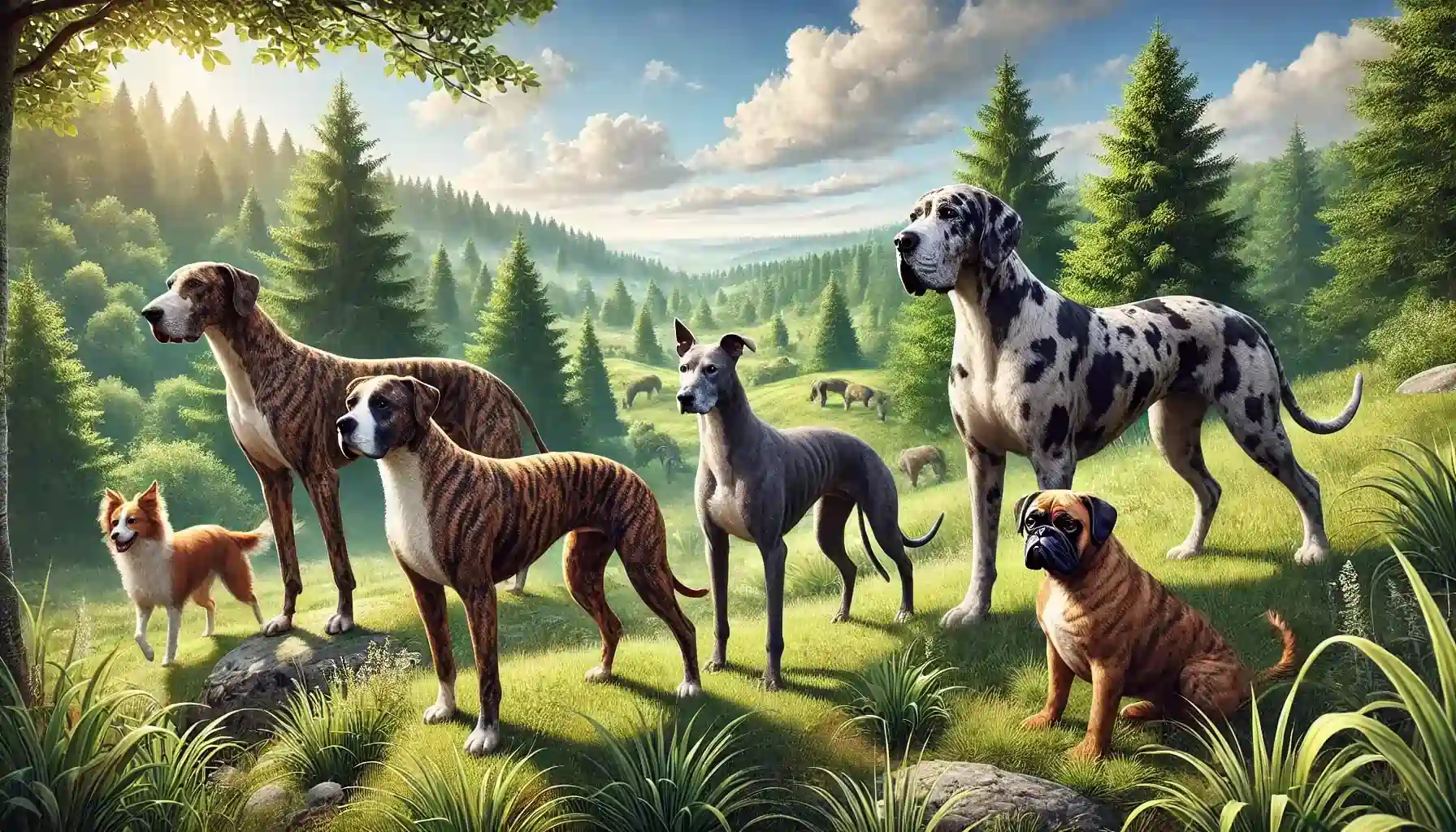 why are brindle dogs unpopular- A realistic landscape featuring four brindle dogs of different breeds standing on a grassy hill, surrounded by lush greenery and trees