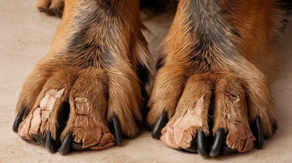 why are my dogs paws so rough a-close-up-shot-of-a-dog-s-rough-dry-paws-with-cra