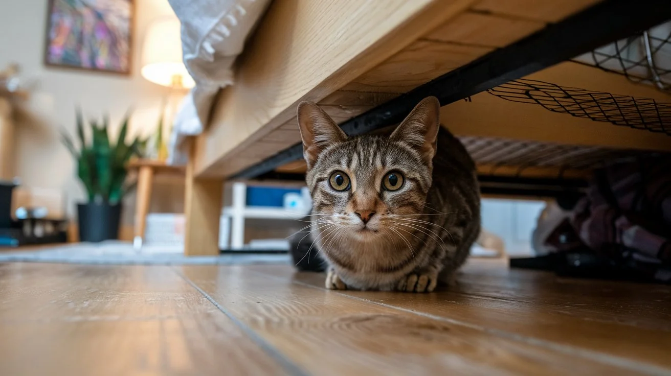 why do cats hide under the bed a-photo-of-a-cat-with-its-eyes-wide-open-hiding-under bed