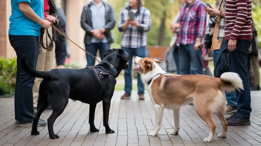 why do dogs bark at people a-photo-of-two-dogs-barking-at-a-group-of-people