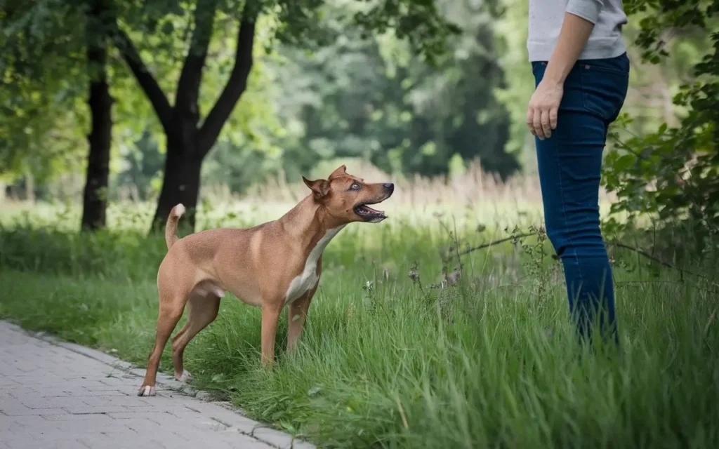 why do dogs bark at strangers a-photo-of-a-dog-barking-at-a-stranger-in-a-park