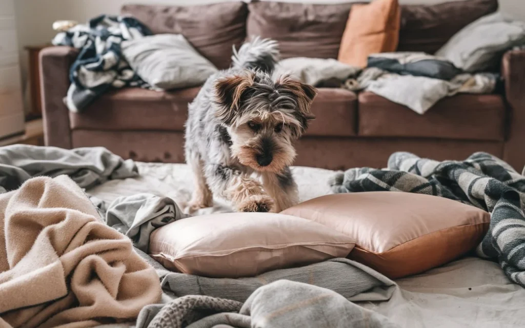 why do dogs dig on beds and couches a-photo-of-a-curious-dog-with-a-fluffy-coat-pawing