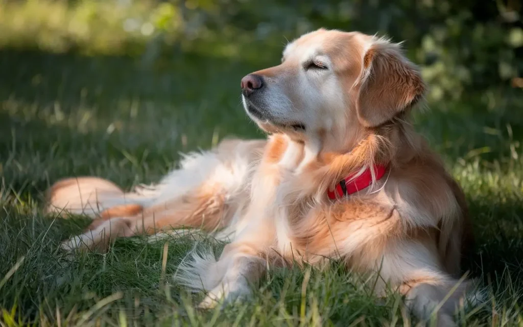 why do dogs like sunbathing a-photo-of-a-dog-lying-on-the-grass-eyes-half-clos-poL