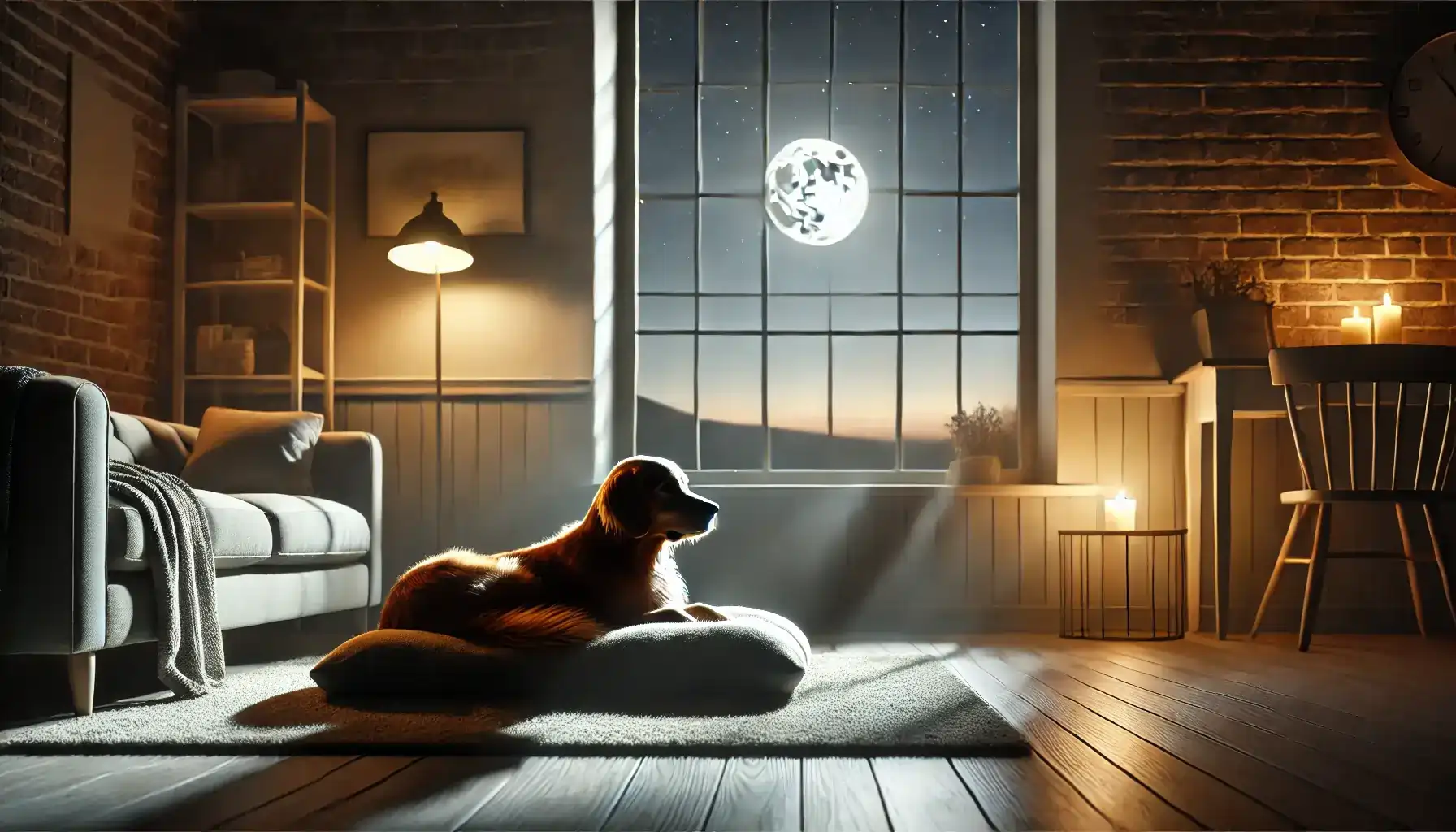 why do dogs pant at night - A serene nighttime scene featuring a dog resting on a soft bed in a cozy living room. The dog is panting slightly, illuminated by soft moonlight strea